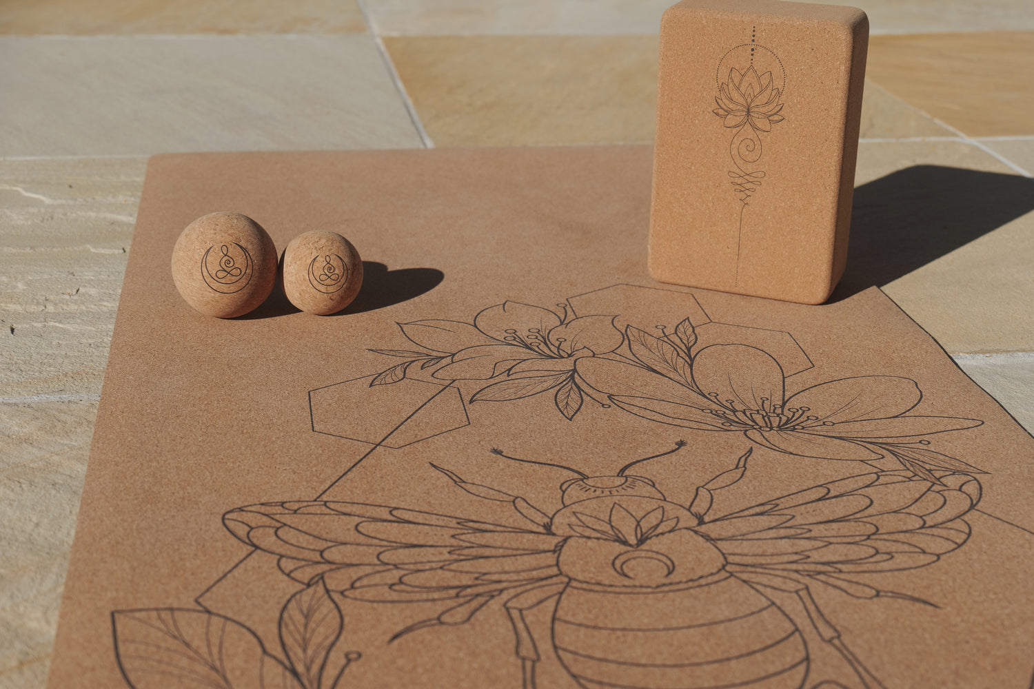 Bee cork and natural rubber yoga mat + unalome lotus cork block + OGI NEST original cork massage balls.