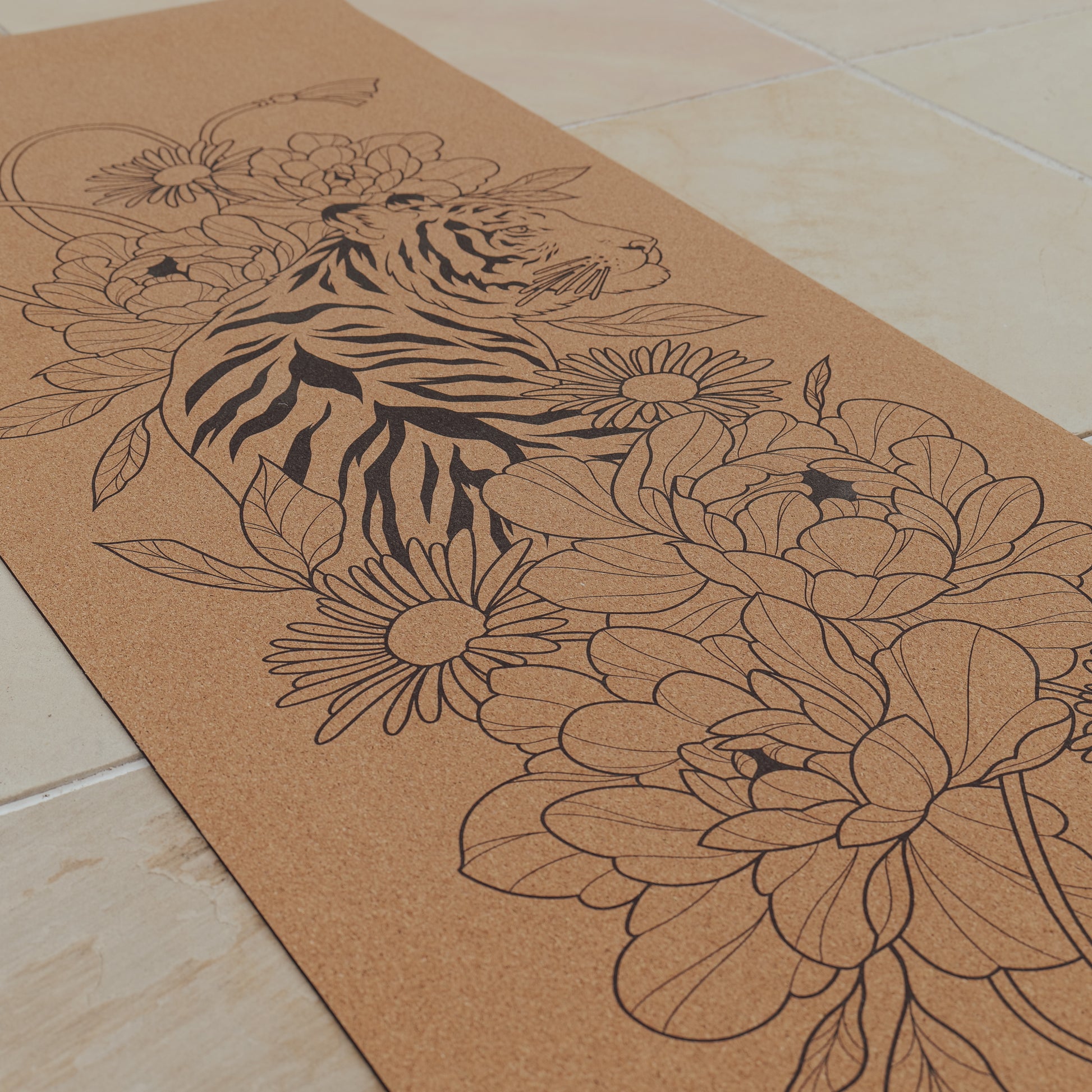 Tiger with flowers cork and natural rubber yoga mat.