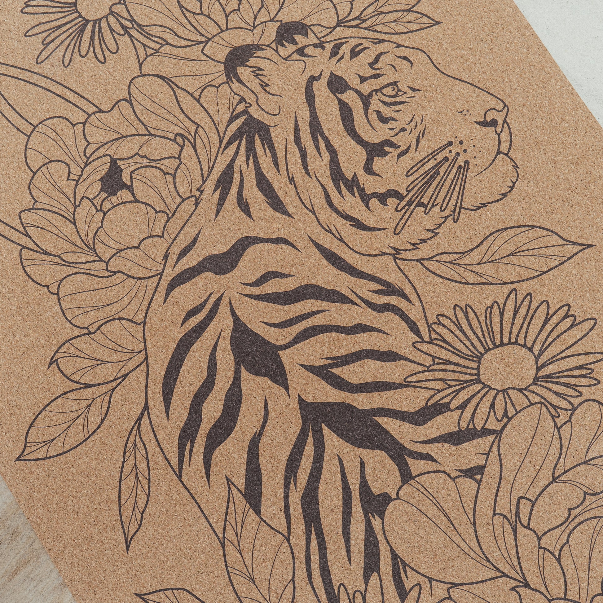 Tiger with flowers cork and natural rubber yoga mat.